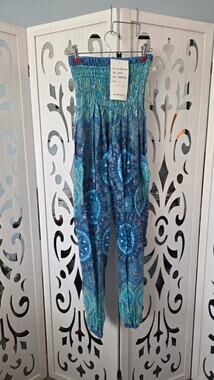 Jessica Taylor Harem Pants Blue Boho Mandala Rayon Smocked Waist Pockets nwt